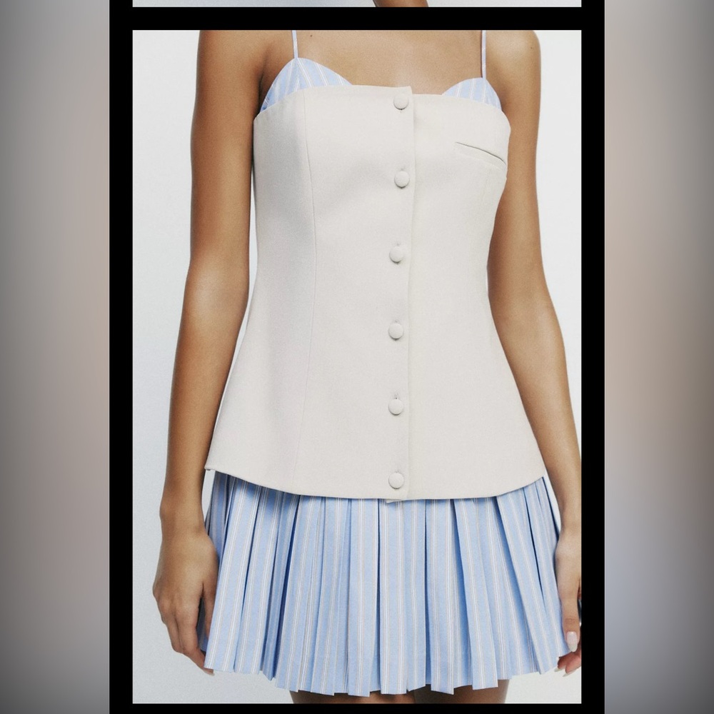 Zara Cream and Blue Button-Down Dress NWT